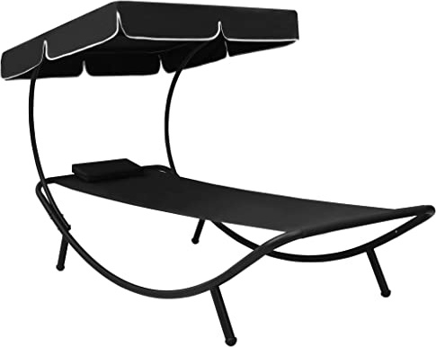 Owoxanthellate Sonnenliege Schwarz 200 x 90 x 112 cm wetterfest Oxford Gewebe Relaxliege mit Dach & Kissen faltbar für Garten Balkon Strand