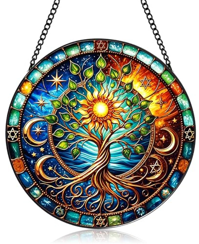 Geheimnisvoll Lebensbaum Sonnenfänger Fensterdeko, Boho Stained Glass Suncatcher mit Hängenden Ornamenten für Garten, Balkon, Wohnzimmer & Schlafzimmer 2D Sonnenfänger mit Buntem Glas-Effekt