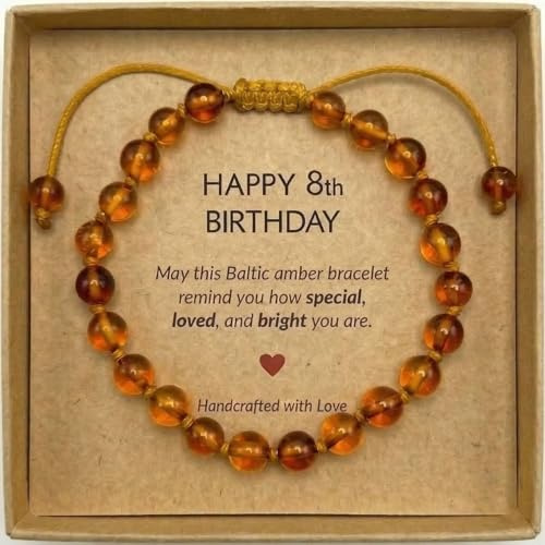 8 Year Old Girl Birthday Gift - Adjustable Baltic Amber Bracelet for Girls - Genuine Beaded Jewelry Gifts for 8 Year Old Girls - Handmade Happy Birthday Bracelets - Cognac Color, Polished Beads