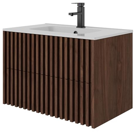 UEV Waschtisch mit Unterschrank, Waschbecken 80cm hängend, Dunkelbraun | Waschplatz, Keramik Waschbeckenunterschrank, Badezimmmer Möbel für Gäste WC, Badmöbel Set