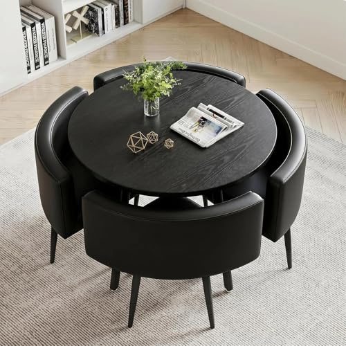 Esstisch Set mit Tisch und 4 Stühle, Hochwertige MDF-Tischplatte und Bequemer gepolsterter Stuhl, Essgruppe Set mit 25 mm starker Tischplatte für Küche, Esszimmer, Wohnzimmer und Büro, Schwarz
