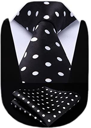 HISDERN Extra lange Tupfen Krawatte Taschentuch Herren Krawatte & Einstecktuch Set (Schwarz & Weiß)