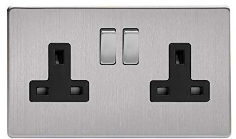Varilight Double Switched Socket - Screwless Brushed Steel With Brushed Steel/Black Insert