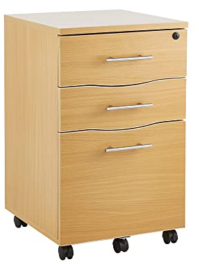 Filing Cabinet 3 Drawer Mobile Pedestal with Suspension File Hangers, Beech, 42cm Wide x 43.5cm deep x 68cm Tall by MMT
