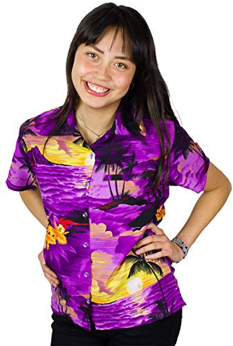 King Kameha Funky-Hawaii-Bluse-Hemd, Damen, Kurzarm, Surf, Violett, S