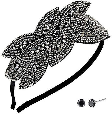 Bandeau 1920s Gatsby Taille S - Feuille Perles Cristal Vintage des Années 1920 Clapet pour Les Femmes 1pcs, avec Boucles d'Oreilles en Argent Sterling 925 1 Paire