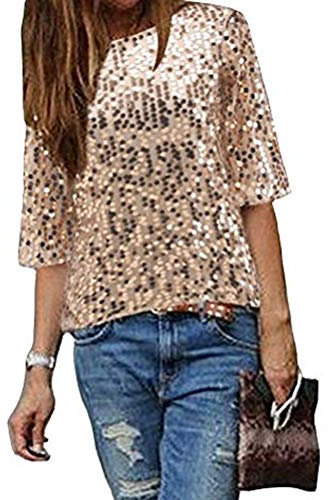 Minetom Maglietta Manica Corta Donna Camicetta con Paillettes Brillanti Elegante Camicia Moda Spalla Obliqua Bluse Tops A Oro 46