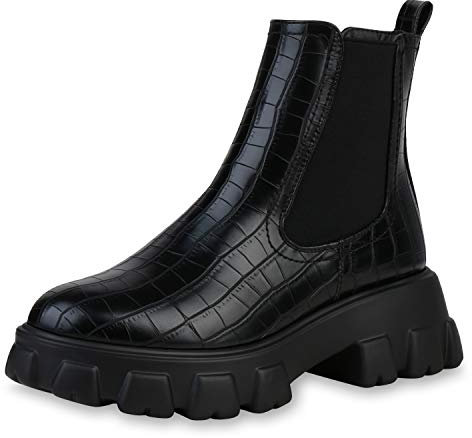 SCARPE VITA Damen Stiefeletten Gefütterte Plateau Boots Schuhe Blockabsatz Kurzschaft-Stiefel Lederoptik 197959 Schwarz Kroko Total 40