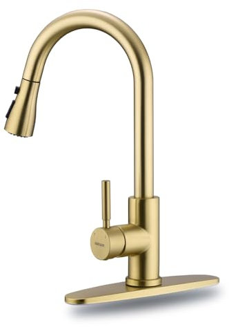 WEWE Brushed Gold Kitchen Faucet with Pull Down Sprayer, Single Handle Gold Kitchen Sink Faucet Stainless Steel Brass Copper Commercial RV 1 or 3 Hole, Champagne Bronze