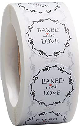 PandaHall 5 Rollen Baked with Love Aufkleber 1 Zoll Weiß Rund Backen Aufkleber Selbstklebend Papier Geschenkanhänger Aufkleber für Umschlag Geschenktüte Verpackung Boutique Backen