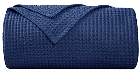 PHF 100% Baumwolle waffledecke Kuschedecke 220x240cm, leicht & atmungsaktiv, perfekt für den Sommer - Oeko-TEX® Zertifiziert - Hotelwäschequalität - Ideal für Sofa Couch Bett, Navy Blau