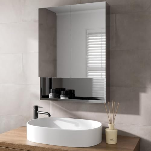 Artis® 600 x 800mm Bathroom Mirror Cabinet Storage Wall Mounted Cupboard Ready Assembled Unit Double Mirrored Door with Shelf, Stainless Steel