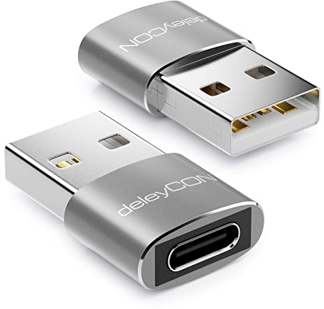 deleyCON Adaptateur USB C (2 Pièces) C Femelle vers A Mâle - pour Câble de Charge Câble de Données - pour iPhone 16 15, iPad, Airpods, Watch, Galaxy S25/S24, PC, Ordinateur Portable - Argent