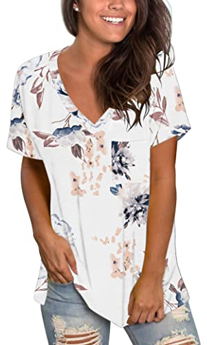 MOLERANI T-Shirts mit V-Ausschnitt für Damen, kurzärmlig, locker, lässig, T-Shirts Blumenweiß XL