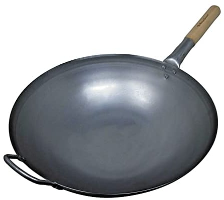AuraHome VG Commercial Grade Authentic Carbon Steel Wok Heavy Duty Traditional Hand Crafted Strong Wooden Handle & Helper Round or Flat Bottomed Optional Ring (14 Inch (36cm) Base)