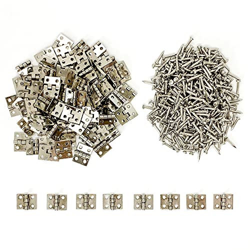100Pcs Mini Brass Hinges Hardware Retro Butt Hinges 180 Degree Rotation for Wood Jewelry Box Dollhouse Miniature Furniture Cabinet Door Closet DIY Crafts Accessories 10x8mm w/Mounting Nails (Silver)