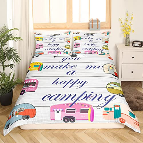 Camping Bettbezug Wohnwagen Bettwäsche Set 155 x 220 cm Cartoon Reise Auto Bettbezug für Kinder Jungen Mädchen Teenager Grauer rustikaler Holz Stil Bettbezug Bunte Auto Bettwäsche Wohnmobil Zubehör