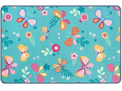Primaflor Kinderteppich - Papillon, Türkis, 100x150cm, Robuster Spielteppich mit Schmetterlingen, Hochwertiger Teppich für das Kinderzimmer, Spielmatte Jungen/Mädchen