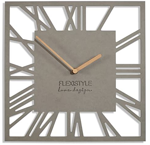 FLEXISTYLE Loft Piccolo Square Wall Clock without Ticking Noises Modern 30 cm Living Room Bathroom (Grey)
