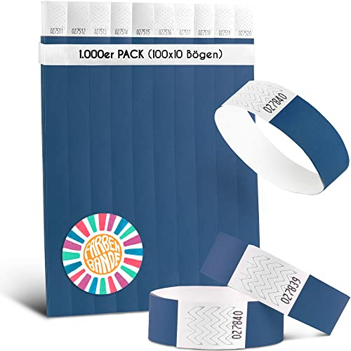 FARBEN BANDE® 1000 Einlassbänder Blau/Eintrittsbänder 19mm aus Tyvek/Party Bändchen reißfest, wasserdicht und nummeriert/farbige Partybänder/Einlassbändchen für Party, Festival & Feste