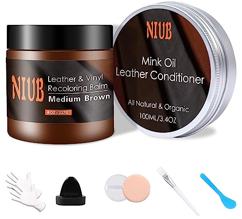NIUB Leder-Recoloring Balsam, 240 g, Mittelbraun mit Schutzöl, Reparaturset für Möbel, Ledersofas, Autoleder, Couch, Lederfarbauffrischer - Schnell trocknender Reparaturbalsam mit Werkzeugen