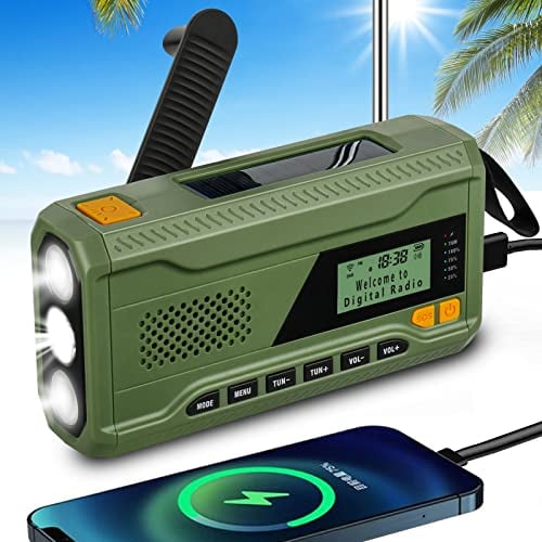 Kurbelradio DAB+/DAB/UKW Solar Radio, Tragbare Notfallradio Weltempfänger mit 4500mAh Wiederaufladbare Powerbank, Camping Radio mit Bluetooth, USB-Schnittstelle, SOS-Alarm, Taschenlampe & Leselicht