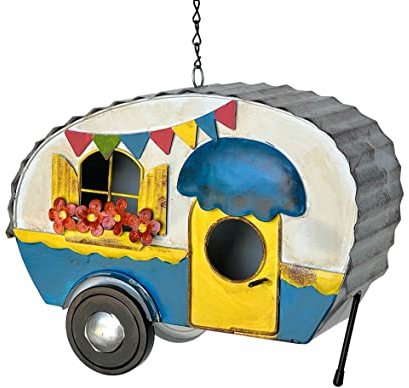 DanDiBo Vogelhaus zum Aufhängen Metall Deko Wohnwagen Wetterfest 96254 Nistkasten Futterstation für Vögel Shabby mit Kette Caravan Camper Balkon