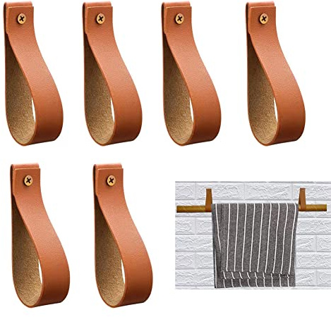 Sutfmwe PU Leather Wall Hooks, Faux Leather Straps for Boho Pole Wall Blanket Towel Decor Oar Horizontal Paddle Display Strap Hangers DIY 6 Pcs (Brown 6)
