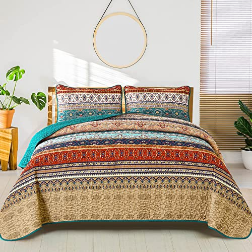 WONGS BEDDING Tagesdecke 220x240 Bettüberwurf Boho Decke Steppdecke 3 Teilig Doppelbett Gesteppt Bettdecke Mikrofaser Wohndecke mit 2 Kissenbezug 50x75 für Schlafzimmer als Sofaüberwurf (Braun)