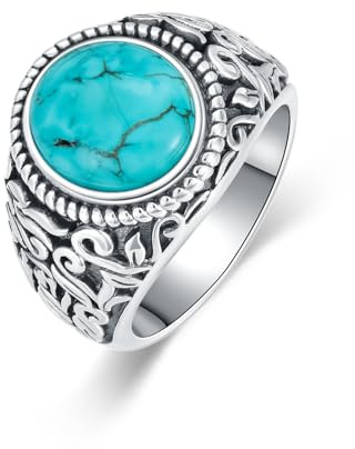 BETHZA Türkis-Ringe für Herren 925er-Sterlingsilber Western-Vintage-Ring mit echtem Türkis-Edelstein Schmuck Geschenke für Geburtstag Größe 57-72.5