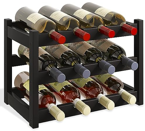 SMIBUY Étagère à vin en bambou pour 12 bouteilles, 3 niveaux d'étagères de rangement sur pied pour cuisine, garde-manger, cave, bar (noir), SBWR-BL003
