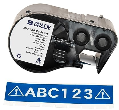 Brady M4C-1000-595-BL-WT Vinyl-Etikettenband für BMP41/BMP51/M511, Blau | Klebeetiketten 25,40 mm x 7,62 m, Industrietauglich & UV-beständig, Weiß auf Blau, für raue Flächen im Außenbereich