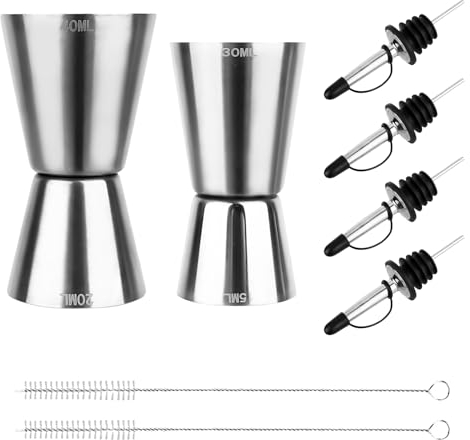 RUCUDIM Doseur Cocktail 2 Pièces, Cocktail Jigger 15ml,20ml,30ml,40ml,Verre doseur Cocktail avec 4 verseurs de Bouteilles et 2 brosses pour Les fêtes de barCafetière à vin