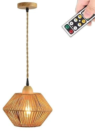 KEFA Battery Operated Pendant Light with Remote,Rattan Hanging Light Woven Chandelier, Natural Hemp Rattan Fixture,Handmade Chandelier Hanging Light for Kitchen Island Dining Room Farm Barn Farmhouse