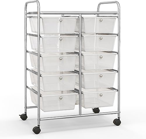 GIANTEX Rollwagen mit 10 Schubladen stapelbar, Schubladenwagen Badrollwagen Küchenwagen mit feststellbaren Rollen, Aufbewahrungswagen Haushaltswagen für Küche Bad Büro 65,5x37x87cm Transparent