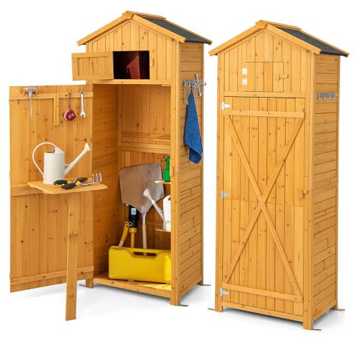 RELAX4LIFE Abri de Jardin en Bois avec Porte Verrouillable en Loquet | Table Pliante | Compartiment | 3 Étagères Amovible | 8 Crochets, Cabanon Jardin Extérieur pour Jardin Maison Cour (65x42x181cm)