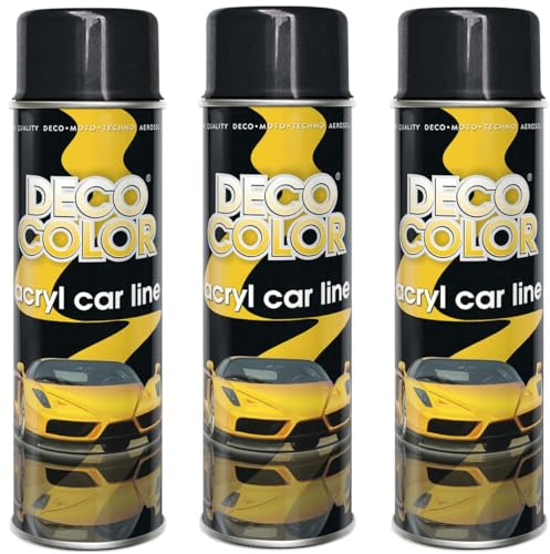 Deco Color 3er Sparpack ACRYL CAR LINE SCHWARZ GLANZ RAL 9005 in 500ml - Lackspray für z.B. KFZ, Auto, Motorrad, Alufelgen, Stahlfelgen uvm. (3 Dosen 500ml Schwarz GLANZ)