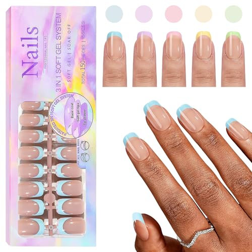 CHANGAR French Gel Nail Tips, 150Pcs Extra Short Square French Tip Press on Nails with Pre-applied Tip Primer & Base Coat No Need File False Nails for Nail Art DIY(Rainbow- Square)
