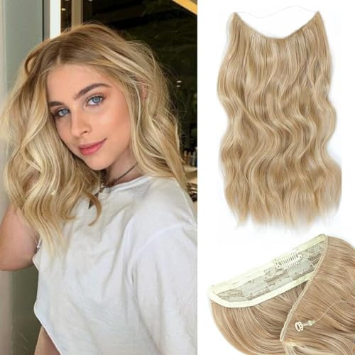 Ms TAj Halo Hair Extensions Honey Blonde 12 inch Invisible Wire Hair Extension Synthetic Hairpiece for Women Natural Wavy Hair Extensions…