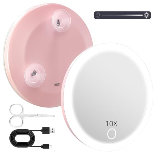 Hmggoofa Miroir grossissant x10 avec lumières, miroir grossissant de maquillage 10,2 cm rechargeable, grossissement x10 avec lumière et ventouses, grossissement de poche 10 x avec ciseaux