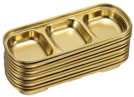 sourcing map 10 Pack Stainless Steel Dish Dipping Bowls with 3 Rectangular Compartment Divided, Metal Seasoning Plate Dipping Bowl for Condiment Home Party Restaurant Picnic Travel, Gold