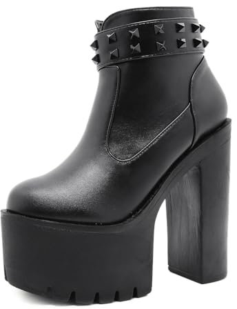 FQMAYPO Moda Donna Toe Platform Tacco A Blocco Platform Stivali da Passeggio Moda Scarpe da Donna Traspirante Grosso Tacchi Alti Retro Zipper Stivali Corti,Nero,36 EU