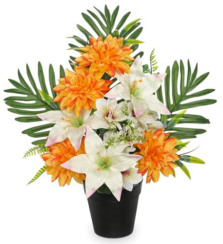 Artificial Cemetery Flowers in Pot Funeral Flowers Arrangements48cm Silk Orange & White Potted Lily Dahlia Memorial Flower for Grave Cemetery Headstones Outdoor Decoration