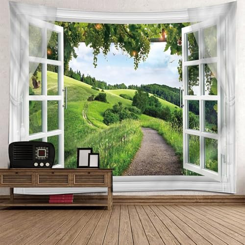 Homxi Wandteppich Kinderzimmer Deko 350 x 256 CM,Fenster Natürliche Landschaft Wandteppiche Wall Hanging Polyester Weiß Grün