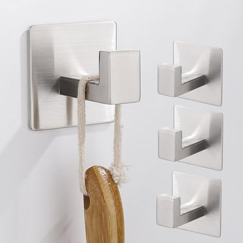 MANICAF Haken ohne Bohren im 4er Set Silber - Haken Selbstklebend, Wasserfeste Klebehaken, Edelstahl Badezimmer Handtuchhalter, Funktionale Klebehaken Langlebige Hakens fürs Bad