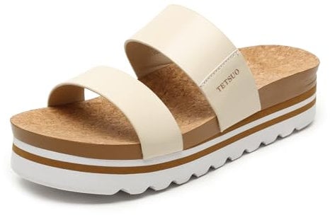 TETSUO Womens Chunky Platform Sandals Beige Leather Strap Slide Sandals Comfortable Open Toe Cork Beach Shoes