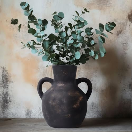 Vase rustique en céramique noire avec 2 poignées, vase en terre cuite noire, vase décoratif en poterie pour décoration d'intérieur, table, mariage, salon, étagère (noir)