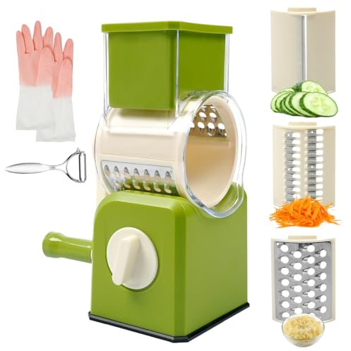 HALNKSZDDD Cheese Grater with Crank, Rotating Cheese Grater with Handle for Kitchen, Vegetable Cutter with 3 Interchangeable Stainless Steel Blades, Peeler and Rubber Gloves (Green)