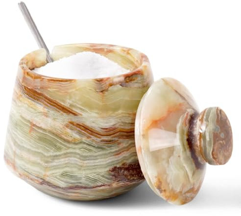 EARTHEN CRAFTS Vaso de mármol con tapa y cuchara, ónix verde de 4 pulgadas, dispensador de azúcar y sal celta hecho a mano para cocina y almacenamiento en el hogar, recipiente ideal para