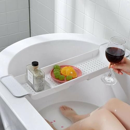 Bathtub Trays Bathroom Rack Shelf Retractable Bathroom Accessories Adjustable Bath Table For Place Candles Wine Glass Book Phone Pad Holder (White)